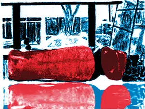 Drawing of a very red couch in a library